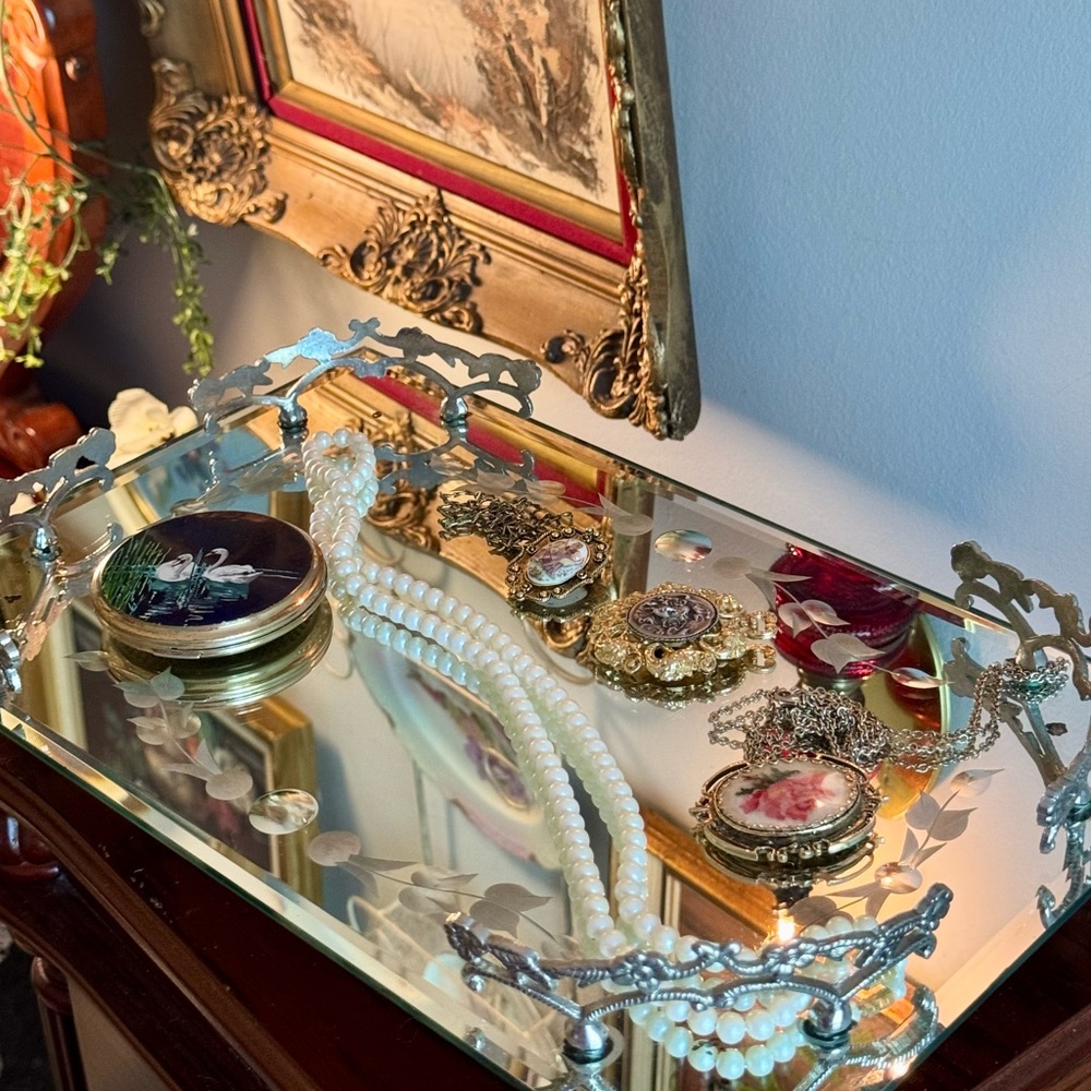 1950s Vintage Mirrored Vanity Tray | Frosted Glass & Ornate Metal | Gothic Decor